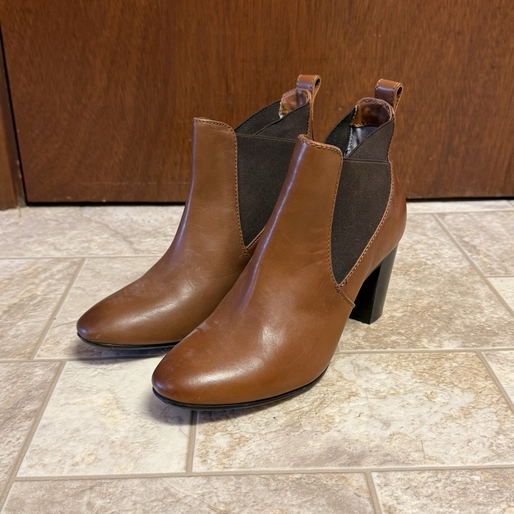 Johnston & Murphy Cognac Brown Leather Pull On Ankle Block Heel Boots Womens 6.5